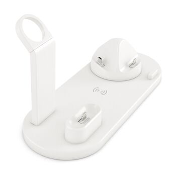 Base de chargement 4 en 1 avec chargement sans fil QI, support rotatif avec Lightning, connexion micro USB et USB-C. Support pour Apple Watch et support de charge pour Airpods. Cordon amovible. Blanc 1