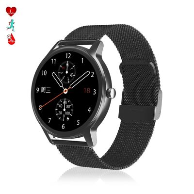 DT56 smartwatch with steel strap. Blood pressure and oxygen monitor. Various sports modes. Notifications for iOS and Android. Black