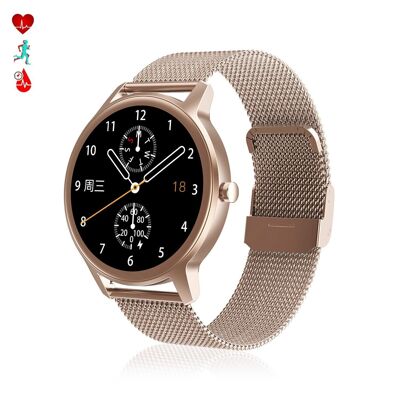 DT56 smartwatch with steel strap. Blood pressure and oxygen monitor. Various sports modes. Notifications for iOS and Android. Pink gold