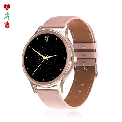 DT66 smartwatch with blood pressure and oxygen monitor. Various sports modes. Notifications for iOS and Android. Pink gold