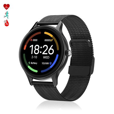 DT66 smartwatch with steel bracelet. Blood pressure and oxygen monitor. Various sports modes. Notifications for iOS and Android. Black