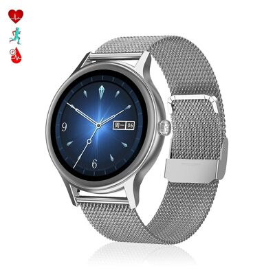DT66 smartwatch with steel bracelet. Blood pressure and oxygen monitor. Various sports modes. Notifications for iOS and Android. Silver