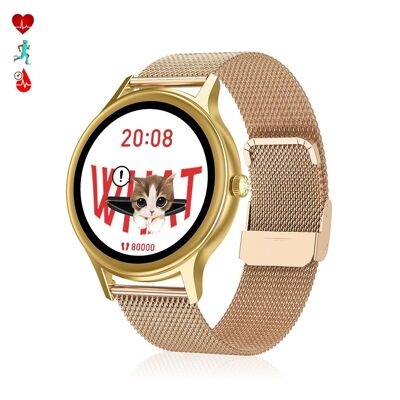DT66 smartwatch with steel bracelet. Blood pressure and oxygen monitor. Various sports modes. Notifications for iOS and Android. Pink gold