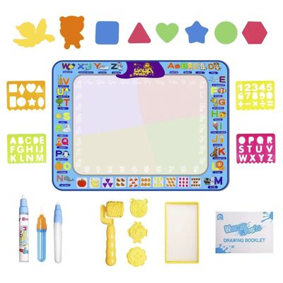 Children's blackboard to draw with water of 98x74cm. Includes 3 water markers, drawing and writing templates, shaped stamps and 8 EVA figures. Light Blue