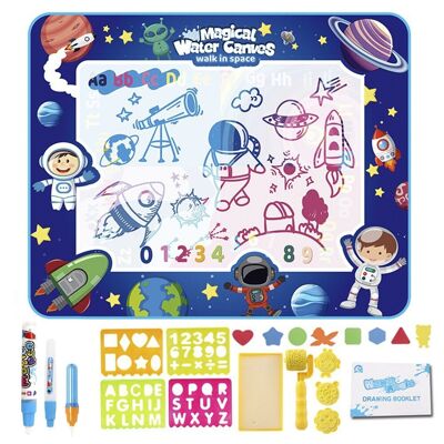 Children's blackboard to draw with water of 100x80cm. Shine in the darkness. Includes 3 water markers, drawing and writing templates, shaped stamps and 8 EVA figures. Purple