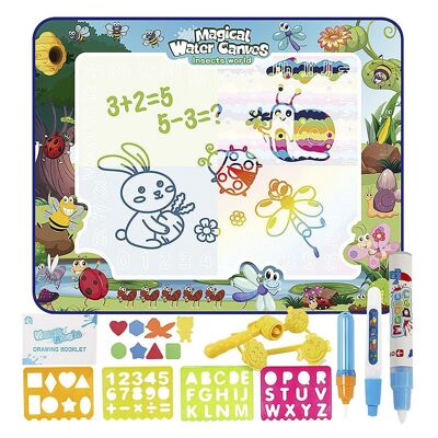Children's blackboard to draw with water of 100x80cm. Insect design. Includes 3 water markers, drawing and writing templates, 4 shaped stamps and 8 EVA figures. Blue