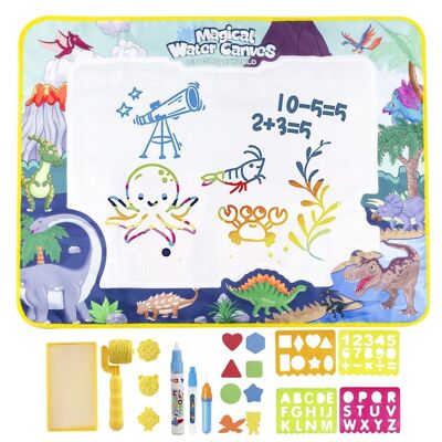 Children's blackboard to draw with water of 100x80cm. Dinosaur design. Includes 3 water markers, drawing and writing templates, 4 shaped stamps and 8 EVA figures. Multicolored