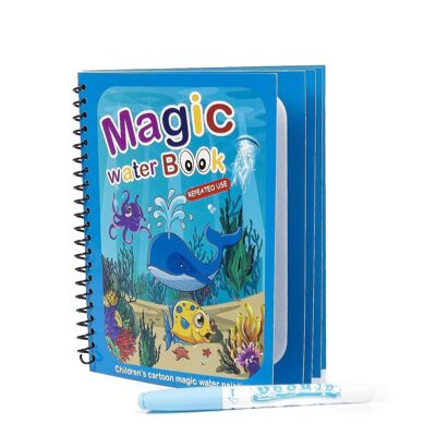 Libro da colorare per innaffiare animali subacquei. Pittura magica per bambini, riutilizzabile. Disegna e dipingi senza macchiare. Include pennarello ad acqua. Blu