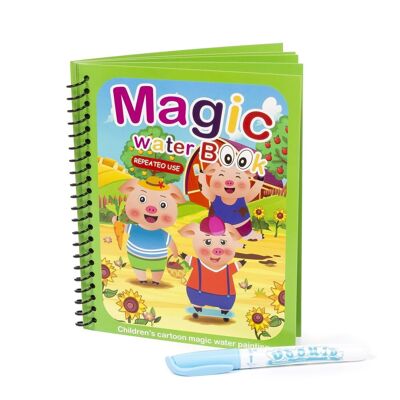 Water coloring book design 3 little pigs. Magic paint for children, reusable. Draw and paint without staining. Includes water marker. Green