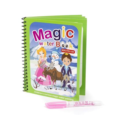 Coloring book to water ice kingdom design. Magic paint for children, reusable. Draw and paint without staining. Includes water marker. Light green