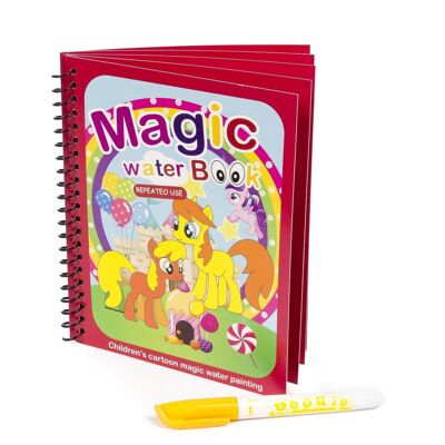Ponies design water coloring book. Magic paint for children, reusable. Draw and paint without staining. Includes water marker. Red