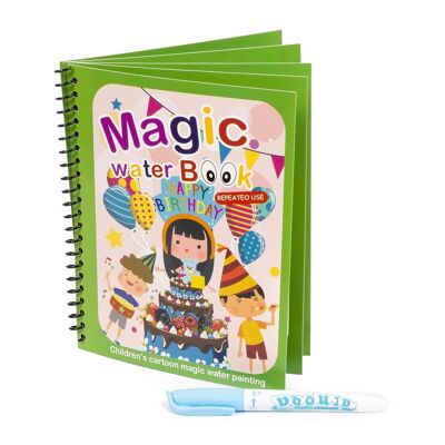 Conception de joyeux anniversaire de livre de coloriage de l'eau. Peinture magique pour enfants, réutilisable. Dessinez et peignez sans tacher. Comprend un marqueur d'eau. Vert clair militaire