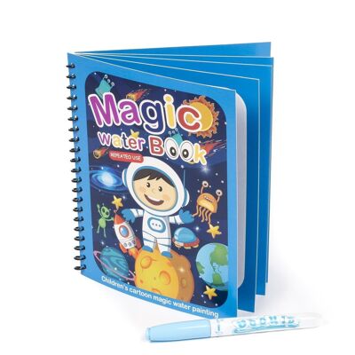 Space Design Wasser Malbuch. Zauberfarbe für Kinder, wiederverwendbar. Zeichnen und malen Sie ohne Flecken. Inklusive Wassermarker. Dunkles Marineblau