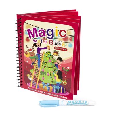 Water coloring book christmas design. Magic paint for children, reusable. Draw and paint without staining. Includes water marker. Light red
