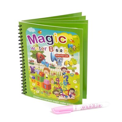 Water coloring book design letters and numbers. Magic paint for children, reusable. Draw and paint without staining. Includes water marker. emerald green
