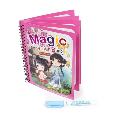 Manga princess design water coloring book. Magic paint for children, reusable. Draw and paint without staining. Includes water marker. Dark Rose