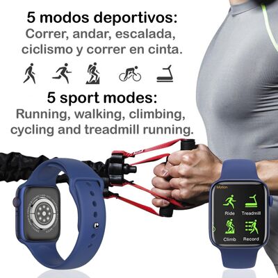 Smartwatch KD07 con monitor cardíaco, tensión y de O2 en sangre. 5 modos deportivos. Llamadas Bluetooth. Azul