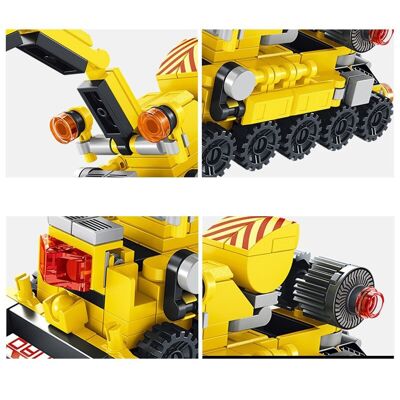 Construction vehicles 6 in 1, with 288 pieces. Build 6 individual construction vehicles (with 2 shapes each), attach and convert into a super construction machine. Yellow