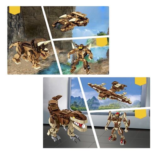 Pack de 4 Dinosaurios. Cada dinosaurio convertible en 3 formas (dinosaurio + robot + vehículo) 979 piezas. Multicolor