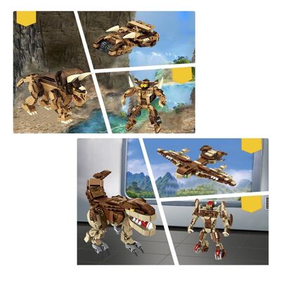 Pack of 4 Dinosaurs. Each dinosaur convertible into 3 forms (dinosaur + robot + vehicle) 979 pieces. Multicolored