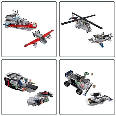 Aircraft carrier 8 in 1, with 725 pieces. Build 8 individual models with 2 shapes each. Multicolored