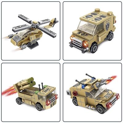 8-in-1 wheeled tank infantry vehicle with 725 pieces. Build 8 individual models with 2 shapes each. Multicolored