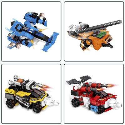 8-in-1 buildable mech robot, 741 pieces. Build 8 individual models with 3 shapes each. Multicolored