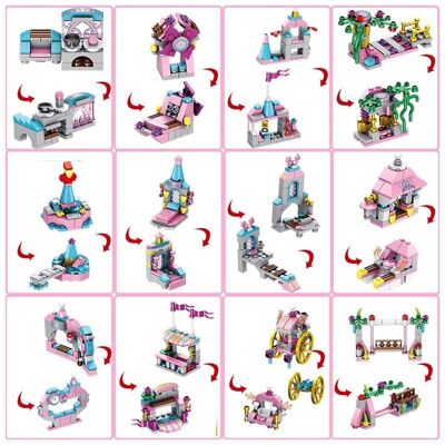 Castle 12 in 1, with 566 pieces. Build 12 individual models with 2 shapes each. Multicolored