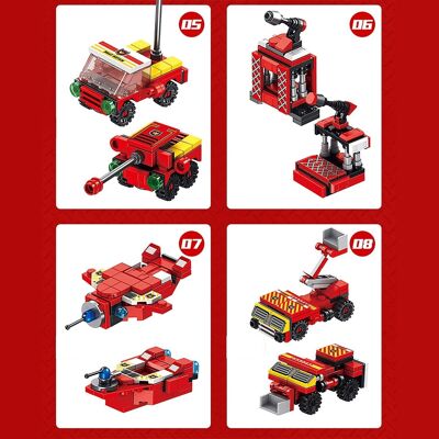 12-in-1 fire rescue plane, with 572 pieces. Build 12 individual models with 2 shapes each. Red