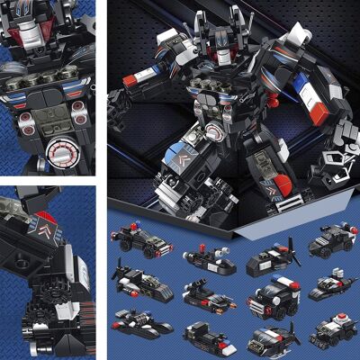 SWAT Mecha 12 in 1, with 600 pieces. Build 12 individual models with 2 shapes each. Multicolored