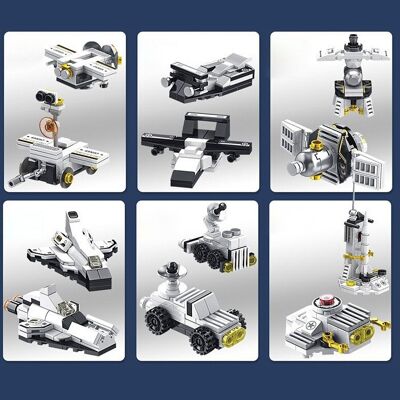 Space shuttle 12 in 1, with 586 pieces. Build 12 individual models with 2 shapes each. White