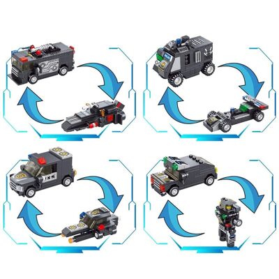 Police robot, 832 pieces. Build 8 individual models with 2 shapes each or 2 medium vehicles. Gray