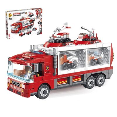 Fire truck transformable into a robot, 6 in 1, with 655 pieces. Build 6 individual models with 2 shapes each. Red