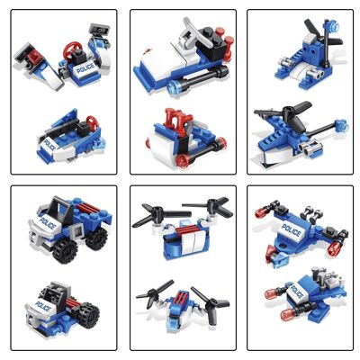Police plane 12 in 1, 251 pieces. Build 12 individual models with 2 shapes each. Blue