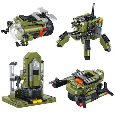 Military combat vehicle 8 in 1, with 745 pieces. Build 8 individual models, with 3 shapes each. Military Green