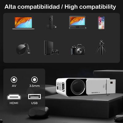 Videoproiettore LED T500 Wifi, con Airplay e Miracast. Supporta Full HD1080, da 30 a 170 pollici, altoparlante e controller. Bianco