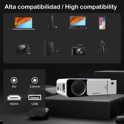 Video proyector LED T500 Wifi, con Airplay y Miracast. Soporta Full HD1080, 30 a 170 pulgadas, altavoz y mando. Blanco