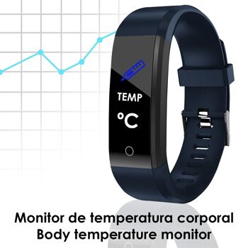 Bracelet intelligent ID115 Plus avec thermomètre, moniteur de fréquence cardiaque, tension artérielle et oxygène. Bleu foncé 1