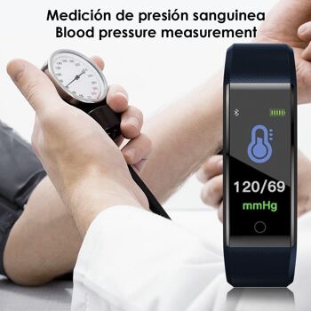 Bracelet intelligent ID115 Plus avec thermomètre, moniteur de fréquence cardiaque, tension artérielle et oxygène. Bleu foncé 3