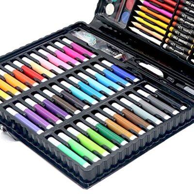 Malset mit 150 Teilen. Enthält Bleistifte, Wasserfarben, Marker, Buntstifte und Zubehör. Schwarz