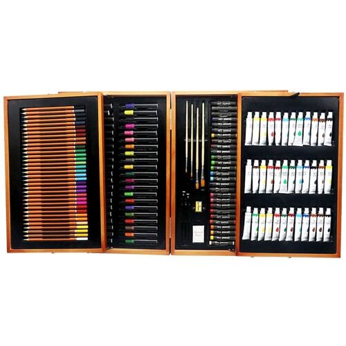 Set de bellas artes prefesional 174 piezas en maletín de madera deluxe. Incluye lápices, tubos pintura acrílica,ceras ,rotuladores, pinceles y accesorios. Camuflaje Marrón