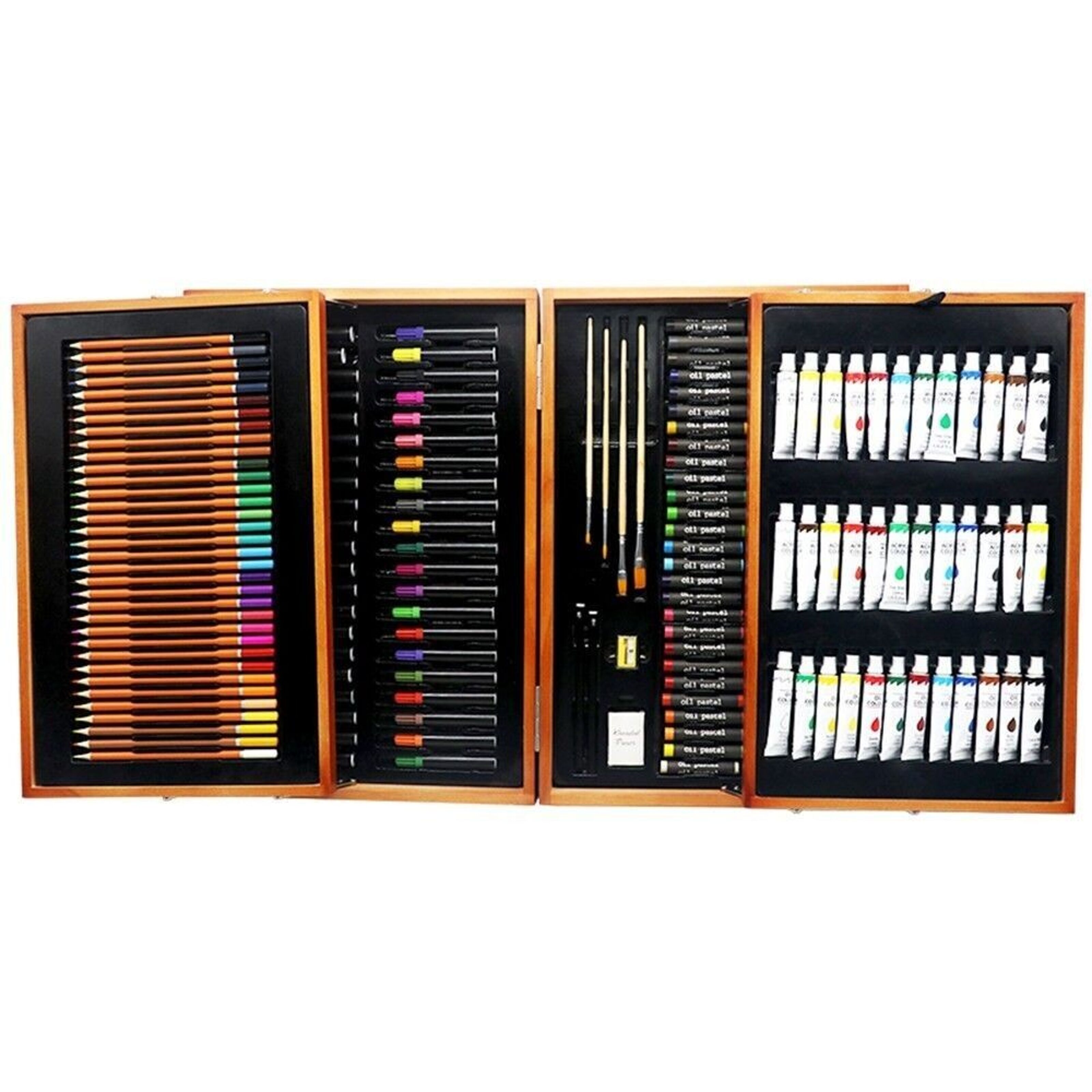 Buy wholesale Professional fine arts set 174 pieces in a deluxe wooden  case. Includes pencils, acrylic paint tubes, crayons, markers, brushes and  accessories. Brown Camouflage