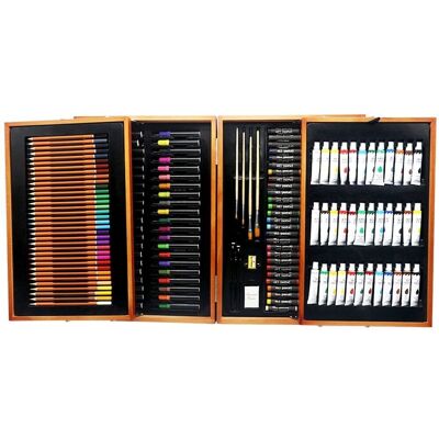 Professional fine arts set 174 pieces in a deluxe wooden case. Includes pencils, acrylic paint tubes, crayons, markers, brushes and accessories. Brown Camouflage