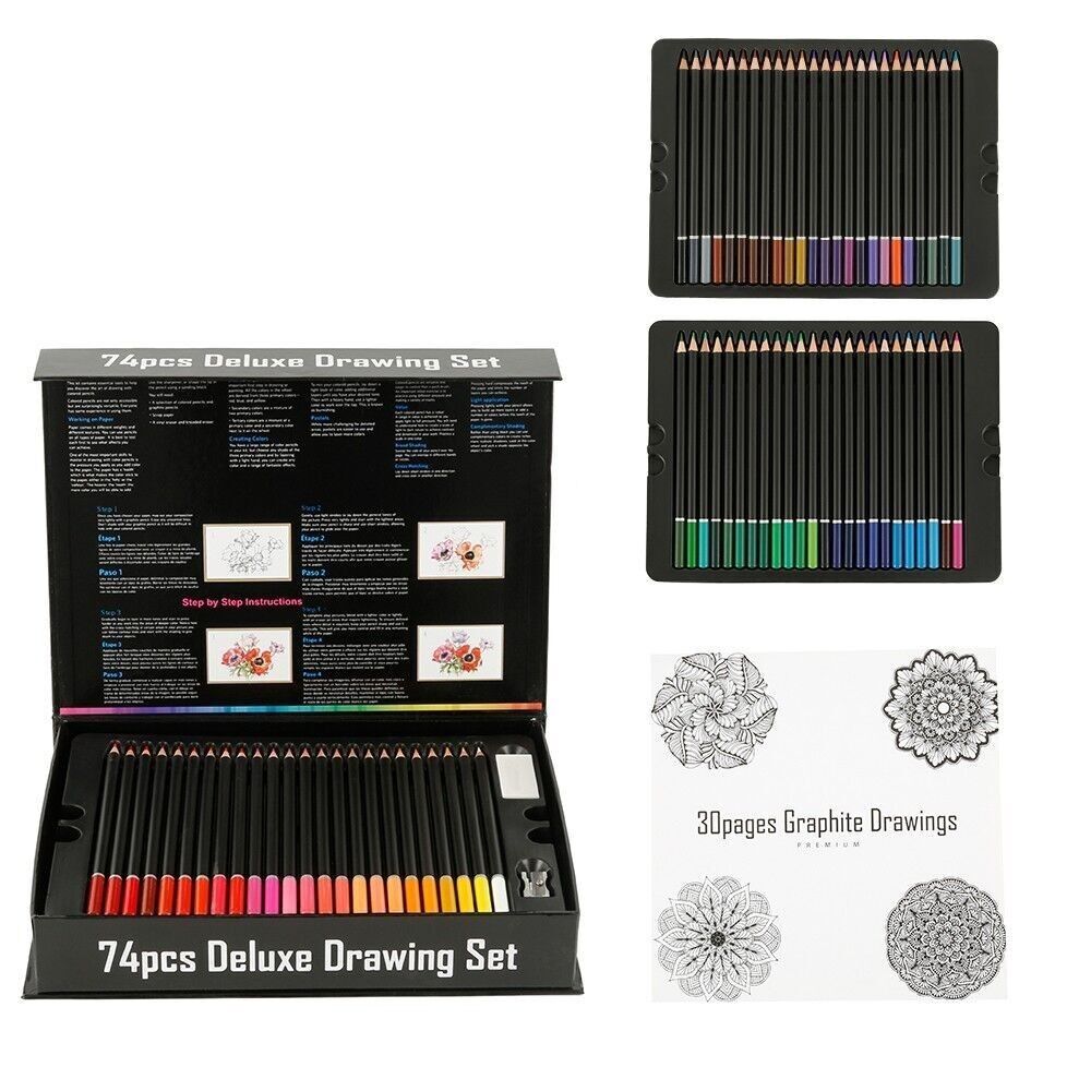 Set di 74 matite colorate DELUXE DRAWING con dima da disegno e gomma. Multicolore