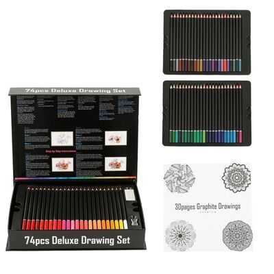 Set 74 lapices de colores DELUXE DRAWING con plantilla de dibujo y borrador. Multicolor