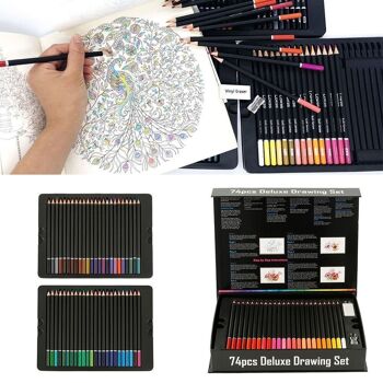 Ensemble de 74 crayons de couleur DELUXE DRAWING avec gabarit de dessin et gomme. Multicolore 2
