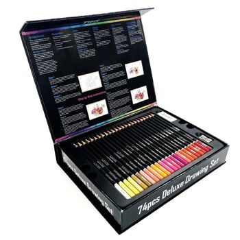 Ensemble de 74 crayons de couleur DELUXE DRAWING avec gabarit de dessin et gomme. Multicolore 3