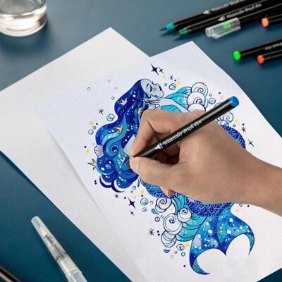 Set mit 12+1 Aquarell-Pinselstiften mit Wassermischpinsel. Hochwertige, flexible Nylonpinsel für Manga, Zeichnungen und Kalligrafie. Mehrfarbig