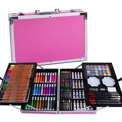 Complete set of painting and drawing 145 pieces oil, watercolors, crayons, markers, pastels and pencils with accessories. Drop-down premium aluminum frame in trays. Pink