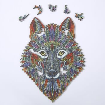 Forme de silhouette de puzzle 3D en bois bricolage. Avec des pièces individuelles avec des designs différents. En bois polychrome. Format A3. DESIGN LOUP. Multicolore 2